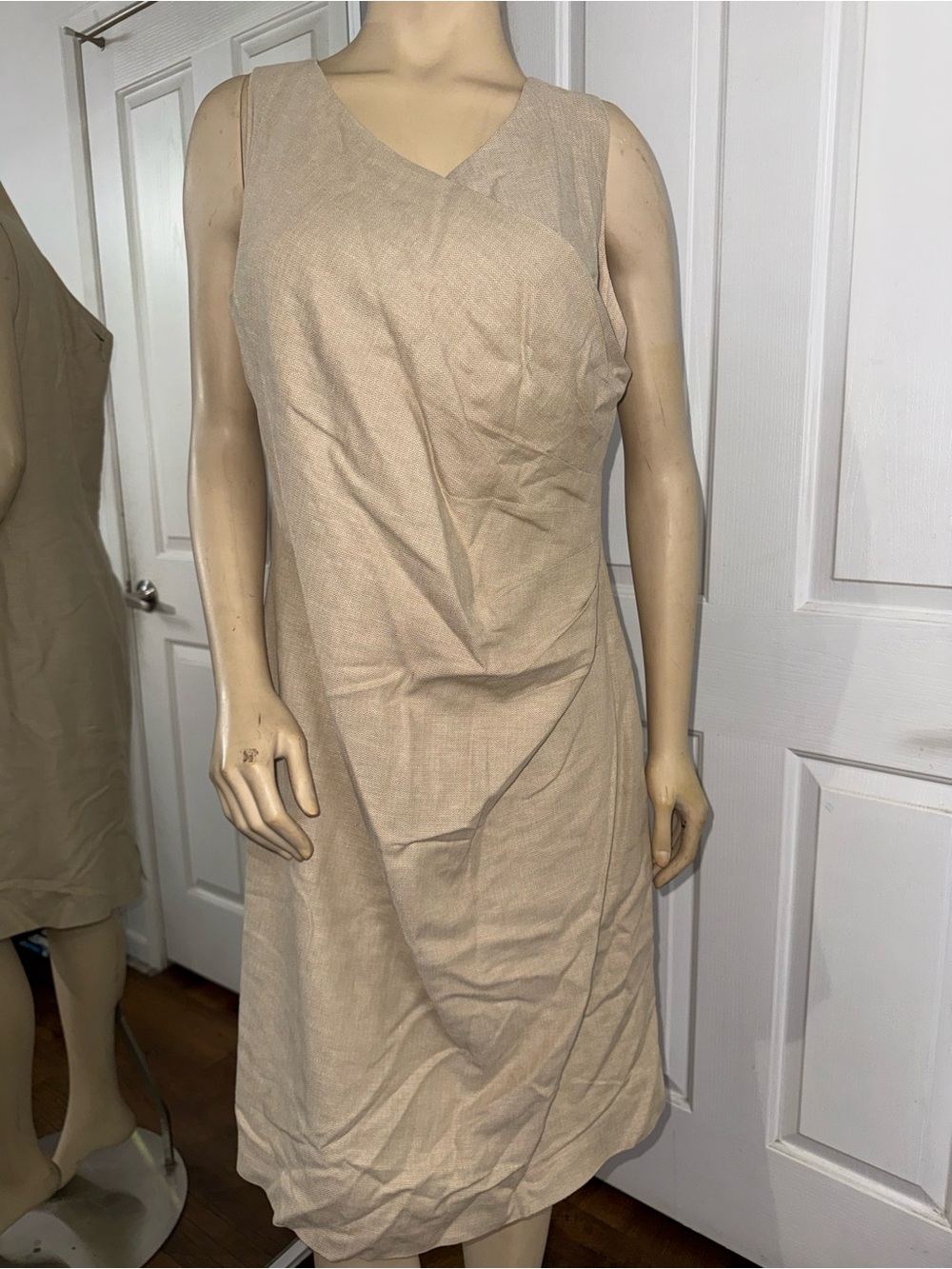 Ralph Lauren Sleeveless V-Neck Linen Blend Dress in Beige